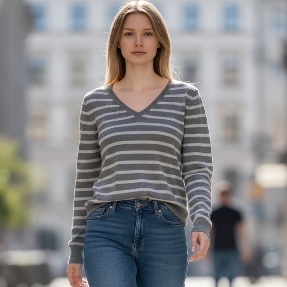 H&M Gray and White Striped V-Neck Sweater